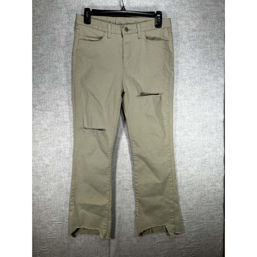 Made in Korea Khaki Distressed Denim Juniors Size 28” waist Raw Hem